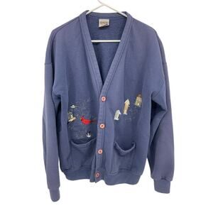 B Wear Blue Cardigan Sweater with Pockets Birds Embroidered Size XL